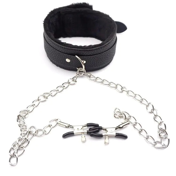 PU Leather Collar With Nipple Clamps SM Bondage Play Sex Toys For Couples BDSM