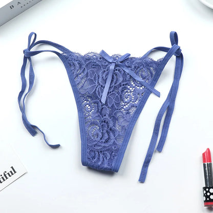 1 Pcs Sexy G-string Thongs Women Panties Floral Sheer Underwear Soft Side Tie Lingerie Briefs Lace Transparent Thong Panties