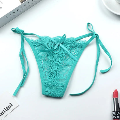 1 Pcs Sexy G-string Thongs Women Panties Floral Sheer Underwear Soft Side Tie Lingerie Briefs Lace Transparent Thong Panties