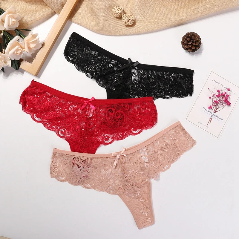 3 Pcs Woman Panties Sexy Lace Thong Underwear Lingerie Female T-back Temptation Low Waist Women Transparent G String