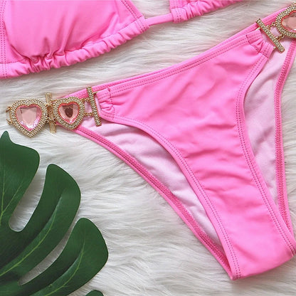 Pink Sexy Bikinis Swimsuit With Heart Rhinestones Women Swimwear Female Push Up Bikini Beach Swim Wear Bathing Suits Pool Bather