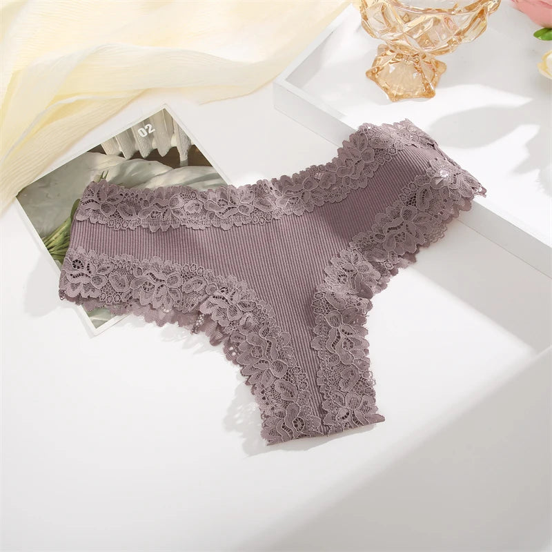 5PCS Women Cotton Brazilian Panties Lace Sexy Girls Underwear Low Waist Solid Color Briefs Female Breathable G-String Lingerie