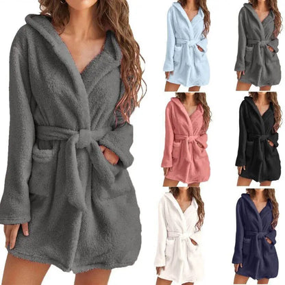 Winter Women'S Solid Color Simple Warm Fluffy Bathrobe Thickened Hooded Plush Pajamas Home Casual Long Jackets Bathroom Supplies