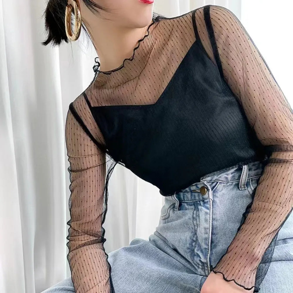 Sexy Black Mesh Transparent Tops For Women Long Sleeve Tulles See Through T Shirt Summer Blouses Female Fishnet Tees Clothing