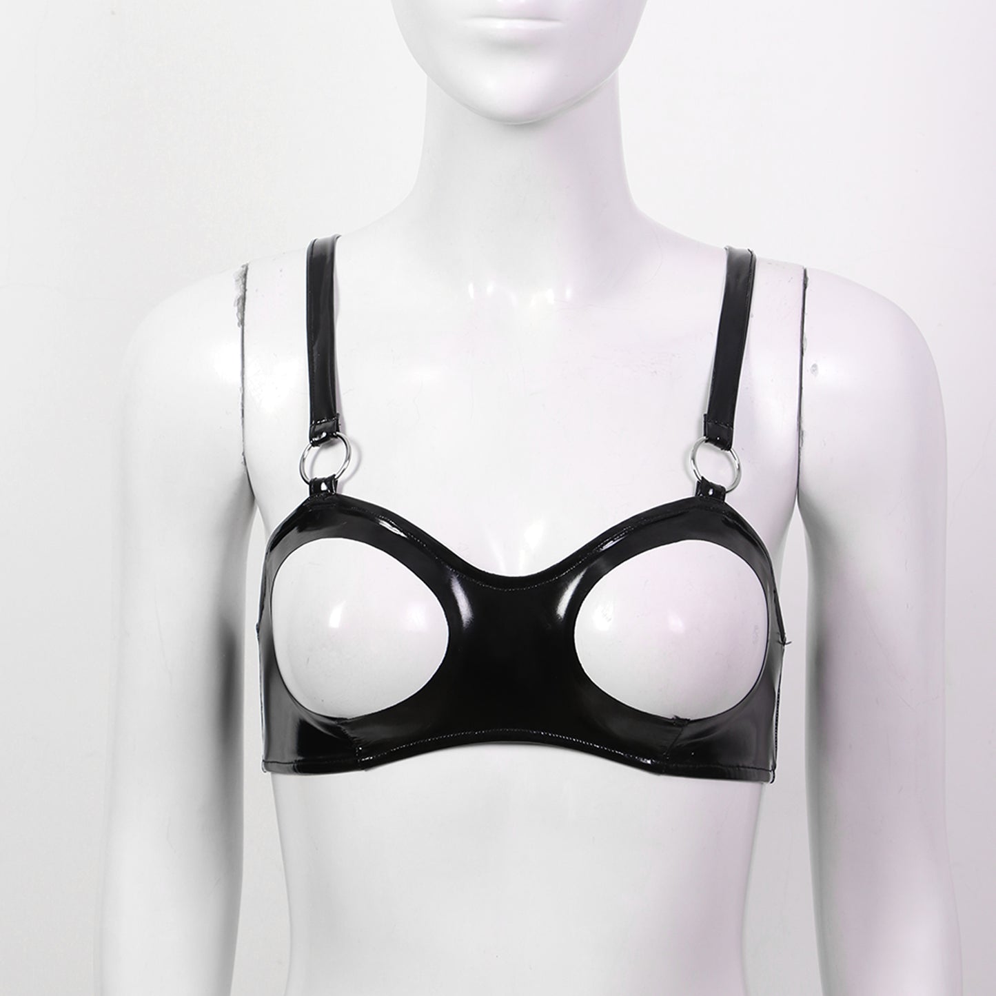 Sexy Open Cup Bra Tops Womens Wet Look Patent Leather Cupless Exposed Breasts Bra Lingerie Exotic Halterneck Latex Clubwear