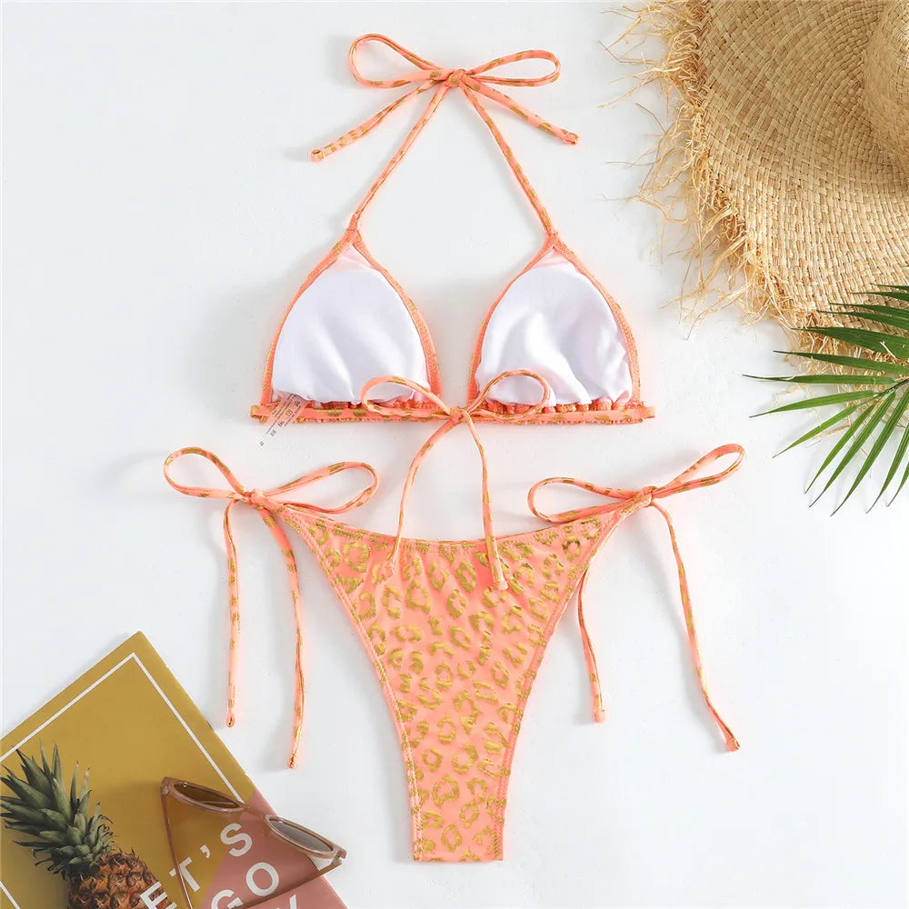 Micro Leopard Print Bikinis Set for Women Sexy String Halter Thong Swimsuit Bathing Suit Triangle Bikini 2024 Mujer Swimwear