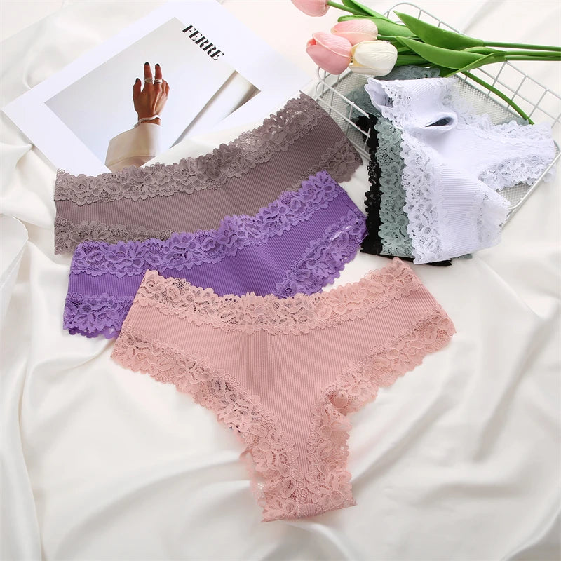 5PCS Women Cotton Brazilian Panties Lace Sexy Girls Underwear Low Waist Solid Color Briefs Female Breathable G-String Lingerie