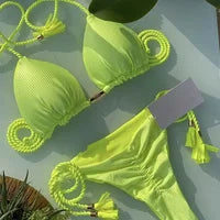 2024 Women's Bikini Swimsuit Women's Split Solid Color Lace-up Sexy Swimsuit 2-piece Set