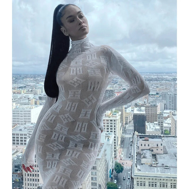 Sexy See Through Bodycon Women Dress Long Sleeve Letter Printed Spring Clothing Night Club Party Knitted Female Dress Vestidos