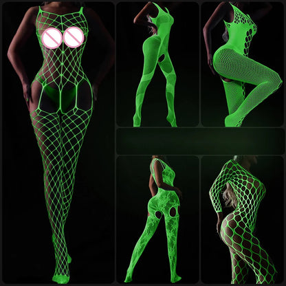 Sexy Luminous Bodysuit See Through Hollow Out Net Clothing Sexy Lingerie Mesh Sex Costumes For Mesh Dress Underwear