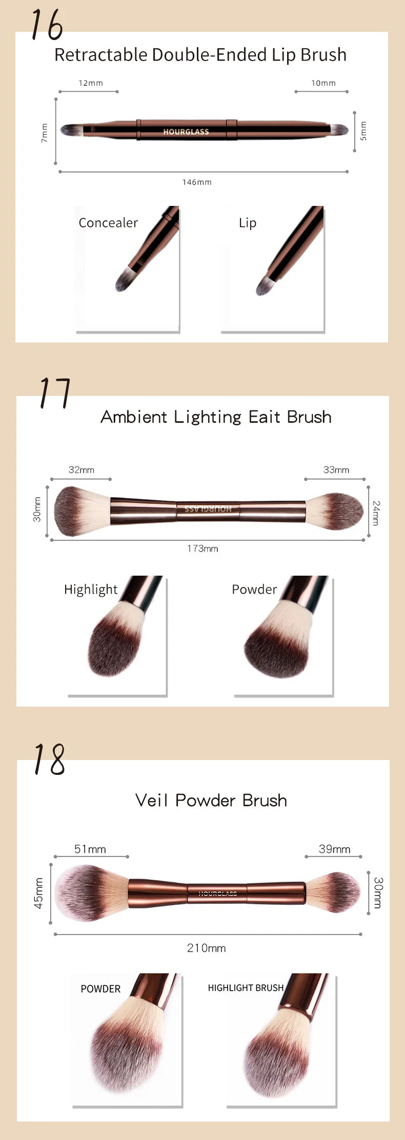 Hourglass Makeup Brush All Kinds Eyeshadow Foundation Concealer Powder Bronzer Blusher Eyeliner Retractable Professional Brushes