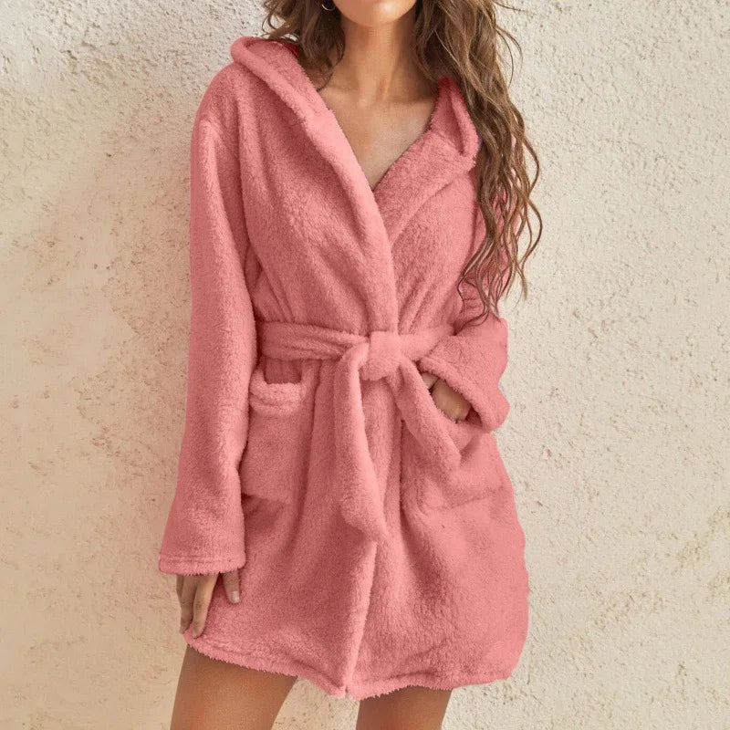 Winter Women'S Solid Color Simple Warm Fluffy Bathrobe Thickened Hooded Plush Pajamas Home Casual Long Jackets Bathroom Supplies