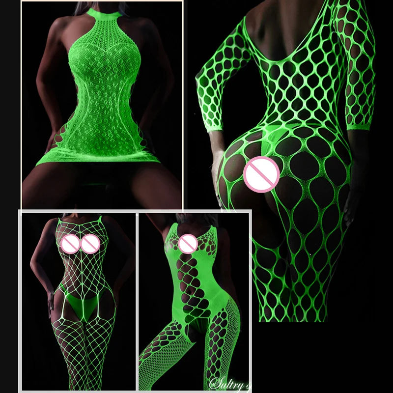 Sexy Luminous Bodysuit See Through Hollow Out Net Clothing Sexy Lingerie Mesh Sex Costumes For Mesh Dress Underwear