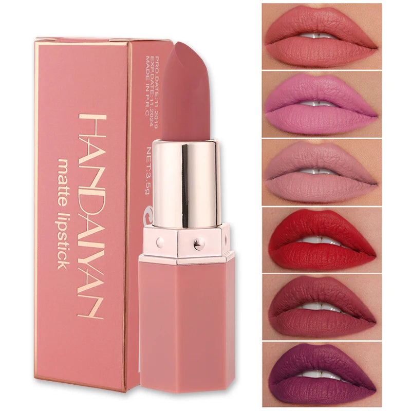 Handaiyan 6 Colors Matte Waterproof Velvet Nude Lipstick Sexy Red Brown Pigments Makeup Long Lasting Profissional