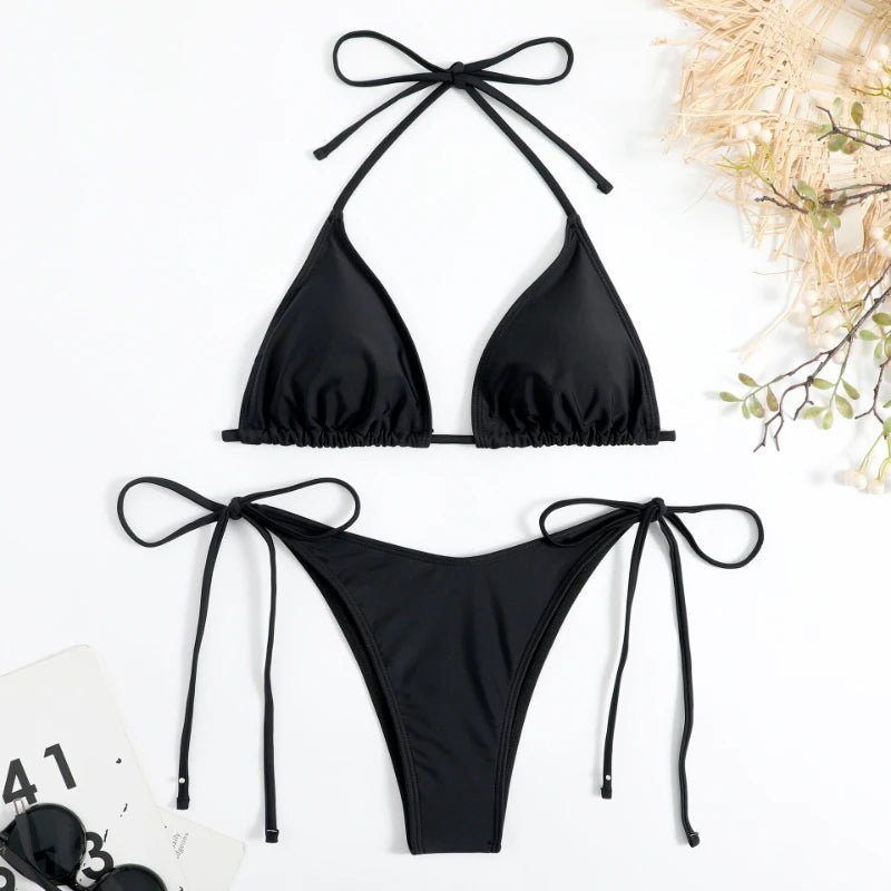 Sexy Women Thong Solid Color Bikini Set Side Halter Tie Swimsuit Ladies Split Strap Adjustable  Brazilian Swimwear Beachwear