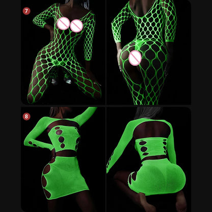 Sexy Luminous Bodysuit See Through Hollow Out Net Clothing Sexy Lingerie Mesh Sex Costumes For Mesh Dress Underwear