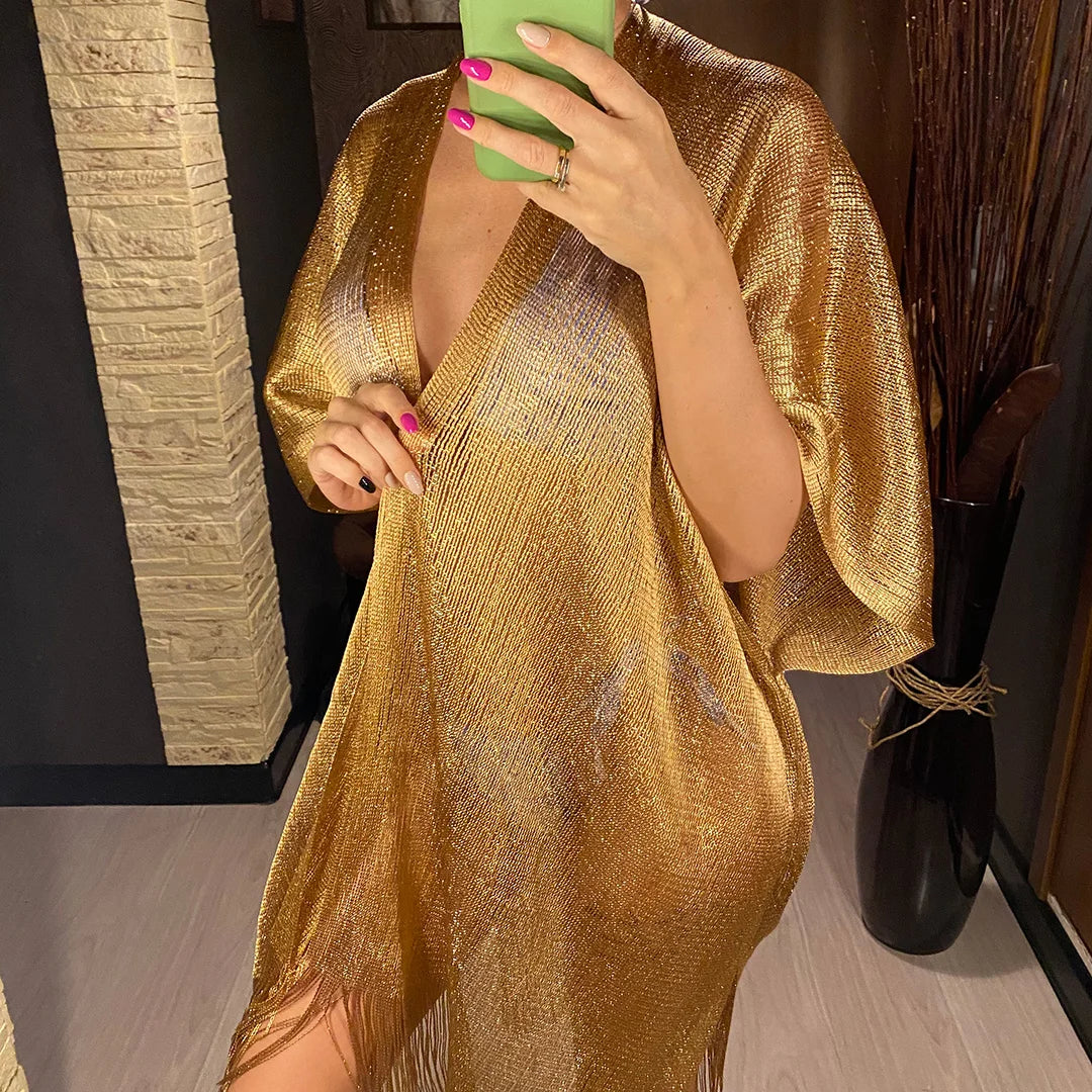 Tassel Gold Bikini Cover Up Sexy Beach Dress Tunics for Women Beachwear 2024 Summer cover-ups kaftan Evening Dress Shawls