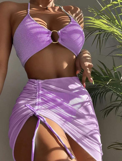 New High Elastic Bikini Set for 2024 Summer Three-piece Solid Color Lace-up Sexy Women Swimsuit Beach Bathing Suit Swimwear