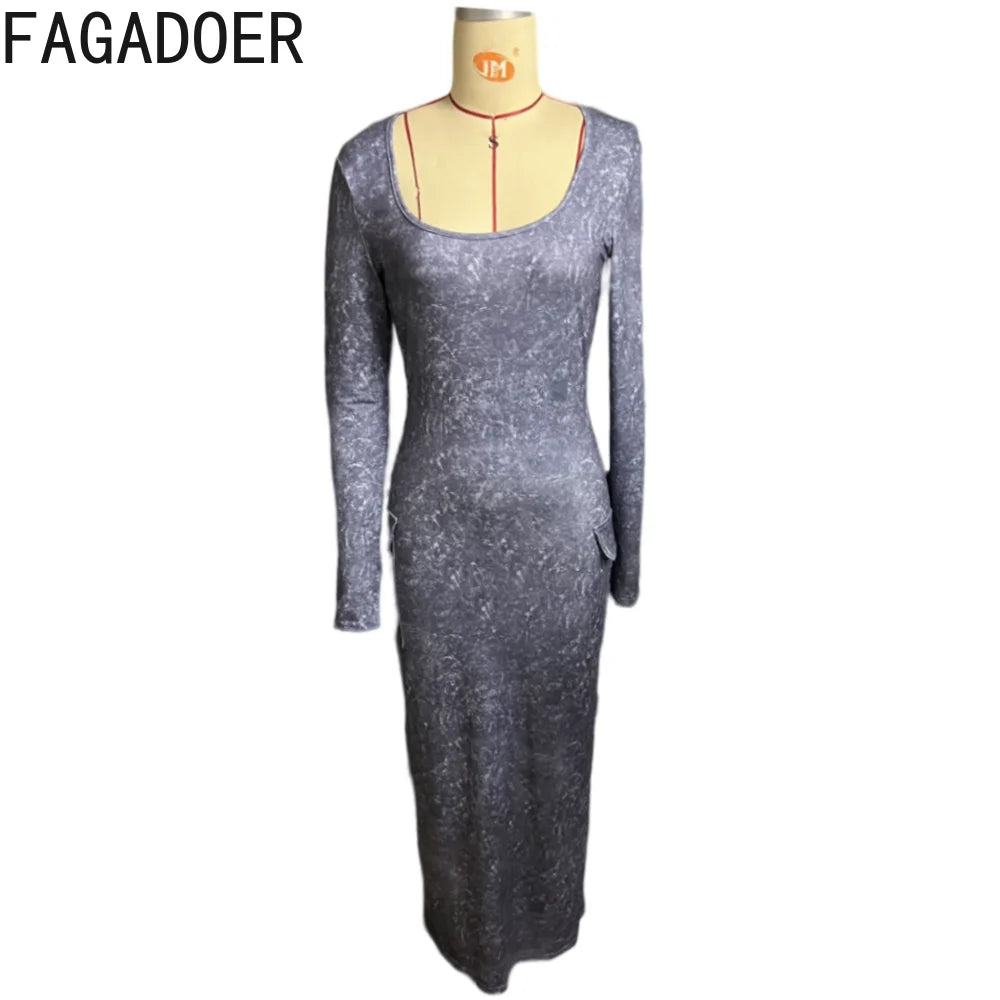 FAGADOER Sexy Round Neck Long Sleeve Bodycon Mid Dresses Women Slim Pocket Slim Slit Vestidos Female Solid Color Dress Clothing