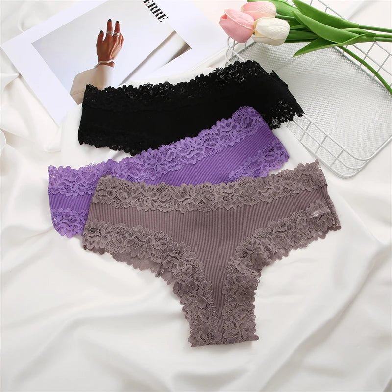 5PCS Women Cotton Brazilian Panties Lace Sexy Girls Underwear Low Waist Solid Color Briefs Female Breathable G-String Lingerie