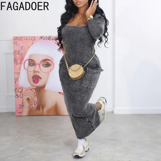 FAGADOER Sexy Round Neck Long Sleeve Bodycon Mid Dresses Women Slim Pocket Slim Slit Vestidos Female Solid Color Dress Clothing