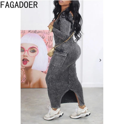 FAGADOER Sexy Round Neck Long Sleeve Bodycon Mid Dresses Women Slim Pocket Slim Slit Vestidos Female Solid Color Dress Clothing