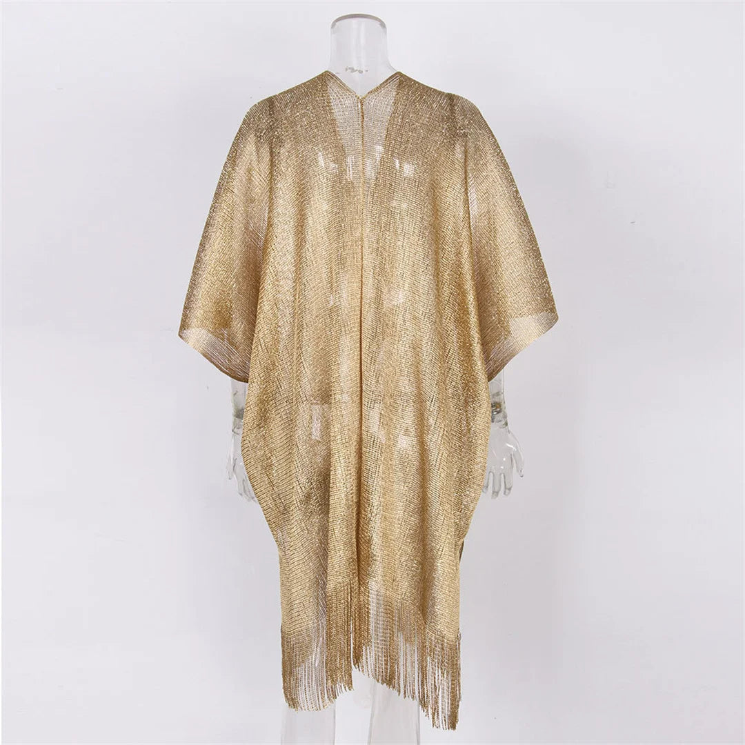 Tassel Gold Bikini Cover Up Sexy Beach Dress Tunics for Women Beachwear 2024 Summer cover-ups kaftan Evening Dress Shawls