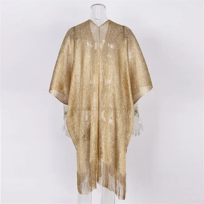 Tassel Gold Bikini Cover Up Sexy Beach Dress Tunics for Women Beachwear 2024 Summer cover-ups kaftan Evening Dress Shawls