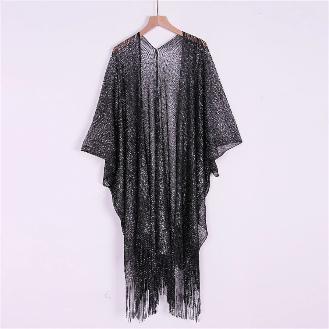 Tassel Gold Bikini Cover Up Sexy Beach Dress Tunics for Women Beachwear 2024 Summer cover-ups kaftan Evening Dress Shawls