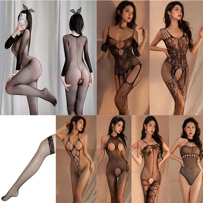 Sexy jumpsuit Mesh socks fishing nets binding tight fitting clothing opening range sexy lingerie erotic woman Full body stocking