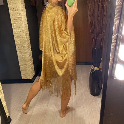 Tassel Gold Bikini Cover Up Sexy Beach Dress Tunics for Women Beachwear 2024 Summer cover-ups kaftan Evening Dress Shawls