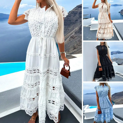 Women Party Dress Sleeveless Lace Stitching Hollow Out Temperament Dress Up Double Layers Tight Waist Prom Dress Female Clothing