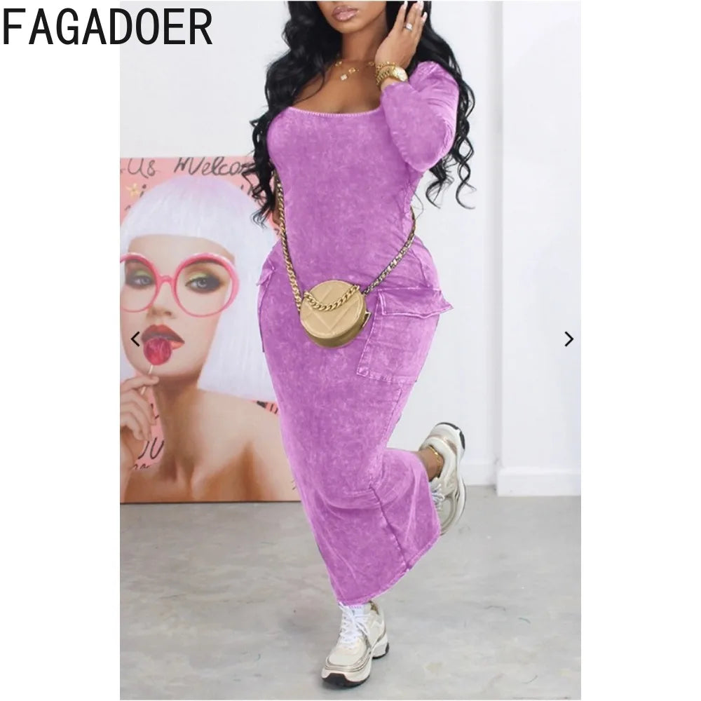 FAGADOER Sexy Round Neck Long Sleeve Bodycon Mid Dresses Women Slim Pocket Slim Slit Vestidos Female Solid Color Dress Clothing