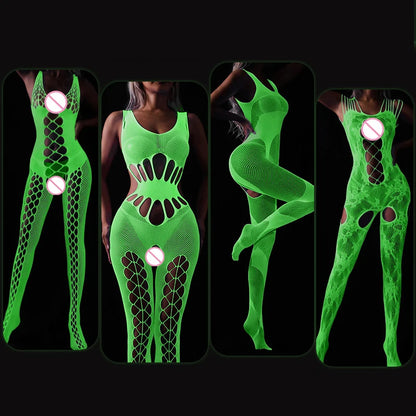 Sexy Luminous Bodysuit See Through Hollow Out Net Clothing Sexy Lingerie Mesh Sex Costumes For Mesh Dress Underwear