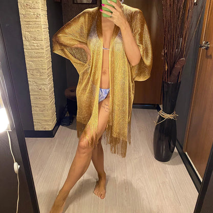 Tassel Gold Bikini Cover Up Sexy Beach Dress Tunics for Women Beachwear 2024 Summer cover-ups kaftan Evening Dress Shawls