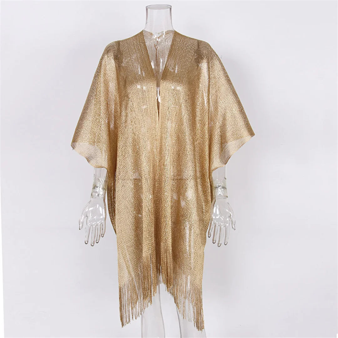 Tassel Gold Bikini Cover Up Sexy Beach Dress Tunics for Women Beachwear 2024 Summer cover-ups kaftan Evening Dress Shawls