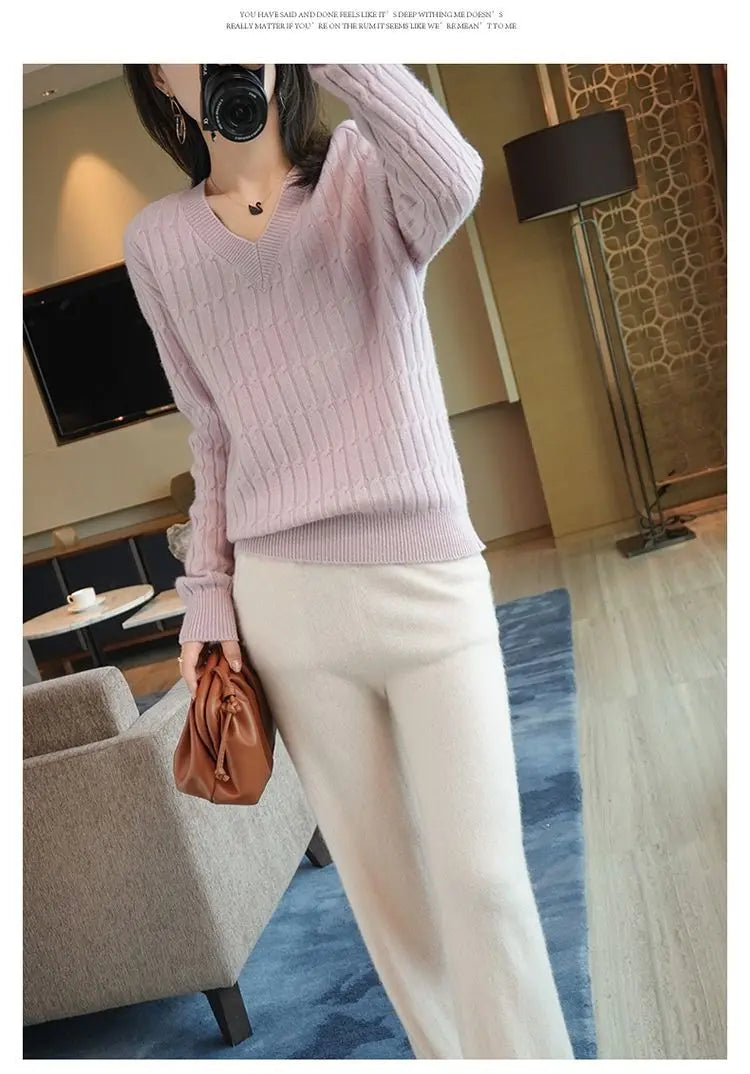 Autumn Winter Temperament Female Solid Color Knitted Tops 2023 Fashion V-Neck All-match Long Sleeve Sweaters Women's Clothing