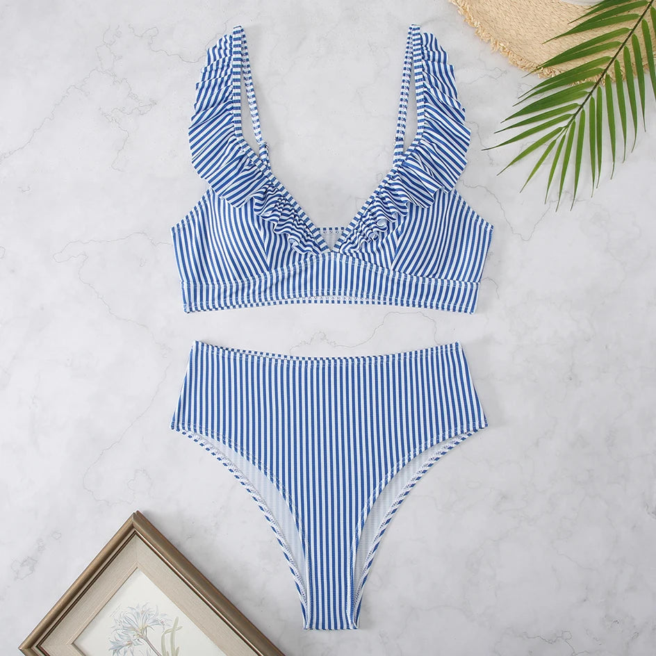 Sexy Striped Ruffle Bikini Swimsuit Women 2024 Two-piece Swimwear High Waisted Bikinis Sets Female Bathing Suit Push Up Monokini