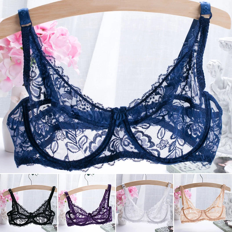 Women’s Sexy Lace Bra Mesh Transparent Lingerie Strap Breathable Underwire Top Solid Elasticity Bottom Wear Erotic Underwear