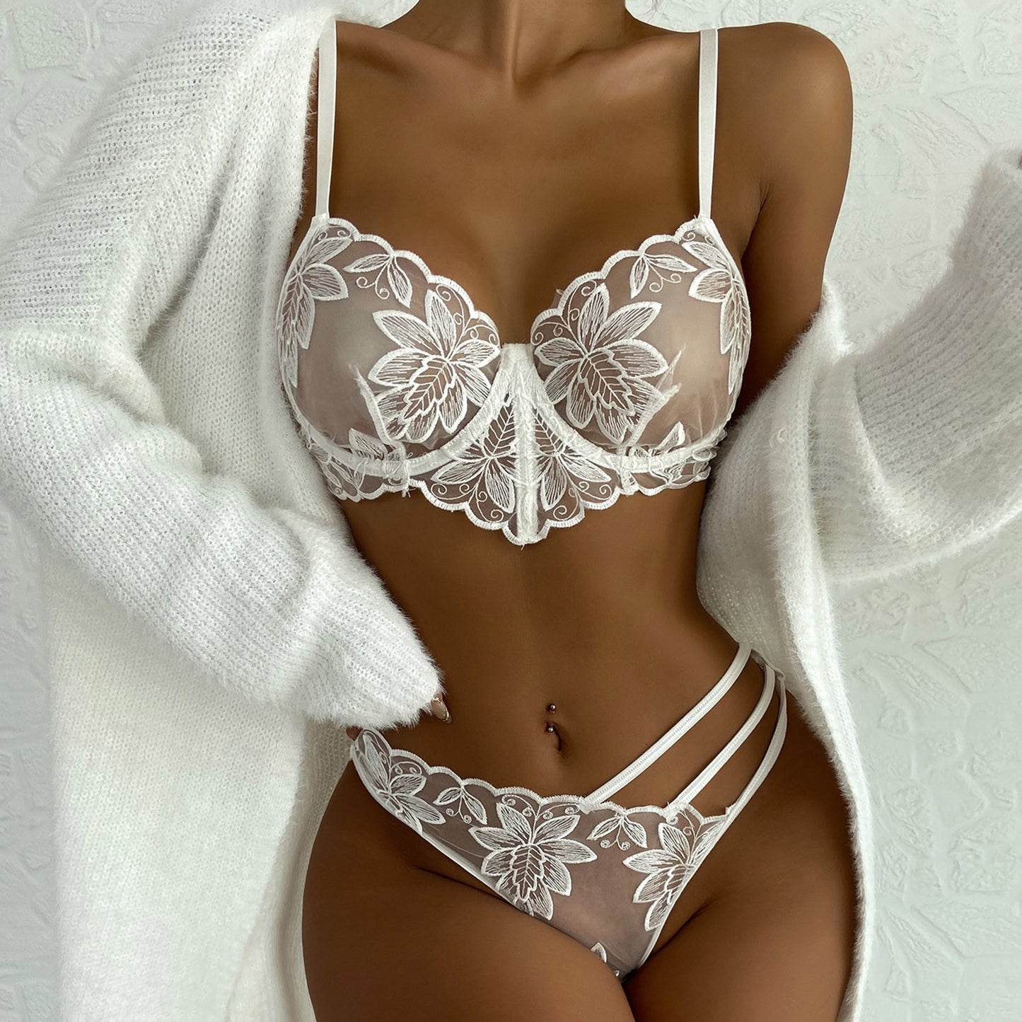 White Embroidery Bras Sets Adult Flower Bra Panty Sets G String Ultra Thin Transparent Bralette Sexy Underwear Womens