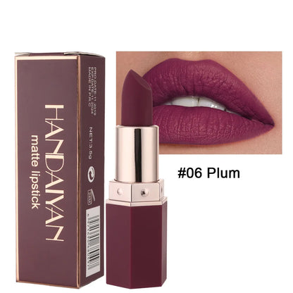 Handaiyan 6 Colors Matte Waterproof Velvet Nude Lipstick Sexy Red Brown Pigments Makeup Long Lasting Profissional