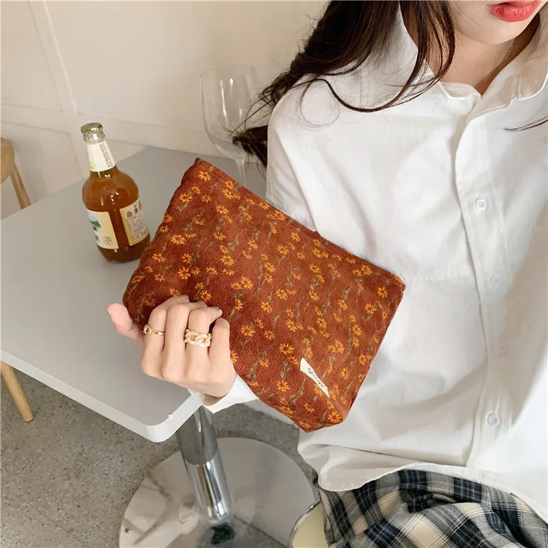 Corduroy Embroidery Cosmetic Bag Clutch Bag Large Makeup Organizer Bags Korean Cosmetic Pouch Women Cute Toiletry Beauty Case