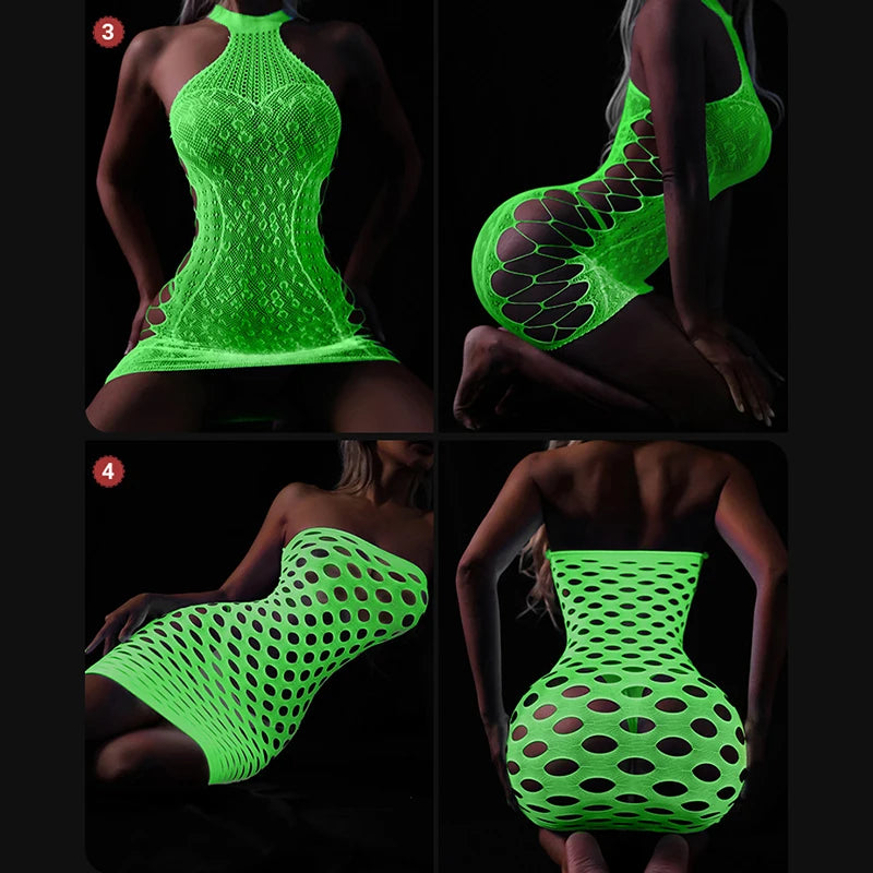 Sexy Luminous Bodysuit See Through Hollow Out Net Clothing Sexy Lingerie Mesh Sex Costumes For Mesh Dress Underwear