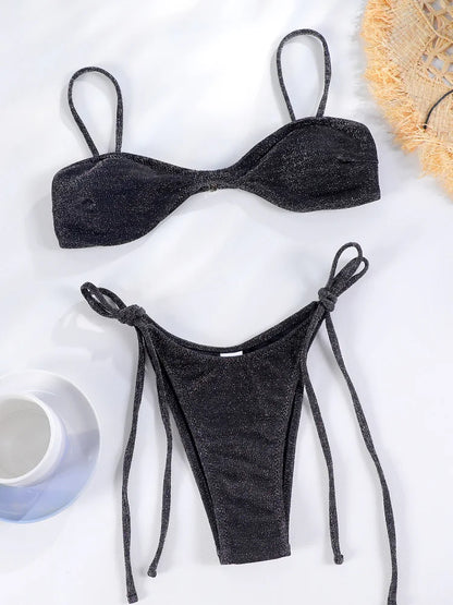 String Black Shiny Swimsuit With Ties 2024 Bikini Sexy Swimwear Women Bathing Suit Brazilian Bikini Solid Color Beachwear