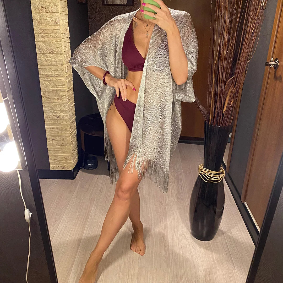 Tassel Gold Bikini Cover Up Sexy Beach Dress Tunics for Women Beachwear 2024 Summer cover-ups kaftan Evening Dress Shawls