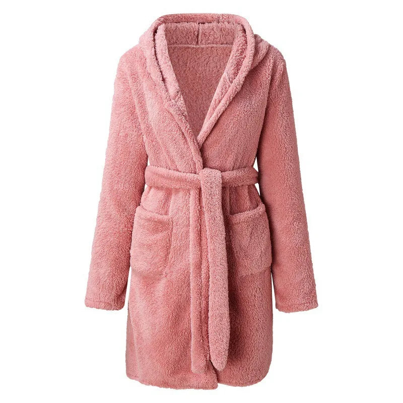 Winter Women'S Solid Color Simple Warm Fluffy Bathrobe Thickened Hooded Plush Pajamas Home Casual Long Jackets Bathroom Supplies