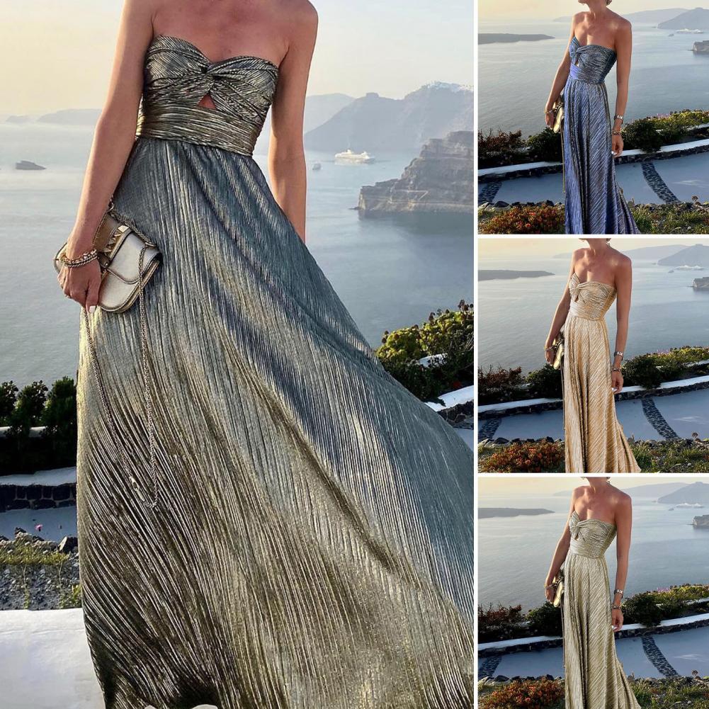 Women Maxi Sexy Dress Bronzing Backless Large Hem Maxi Dress Knot Chest Wrapping Off Shoulder Gown Dress Female Clothing