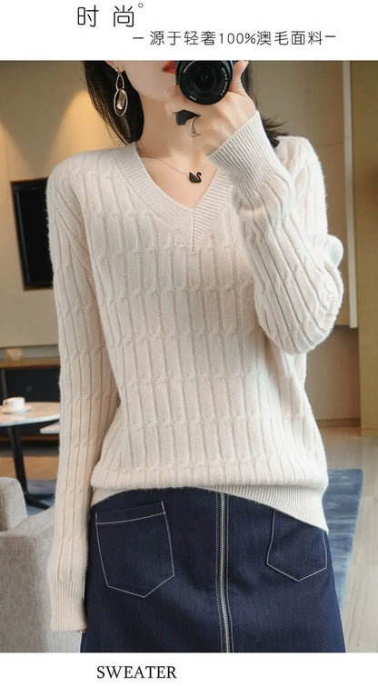 Autumn Winter Temperament Female Solid Color Knitted Tops 2023 Fashion V-Neck All-match Long Sleeve Sweaters Women's Clothing