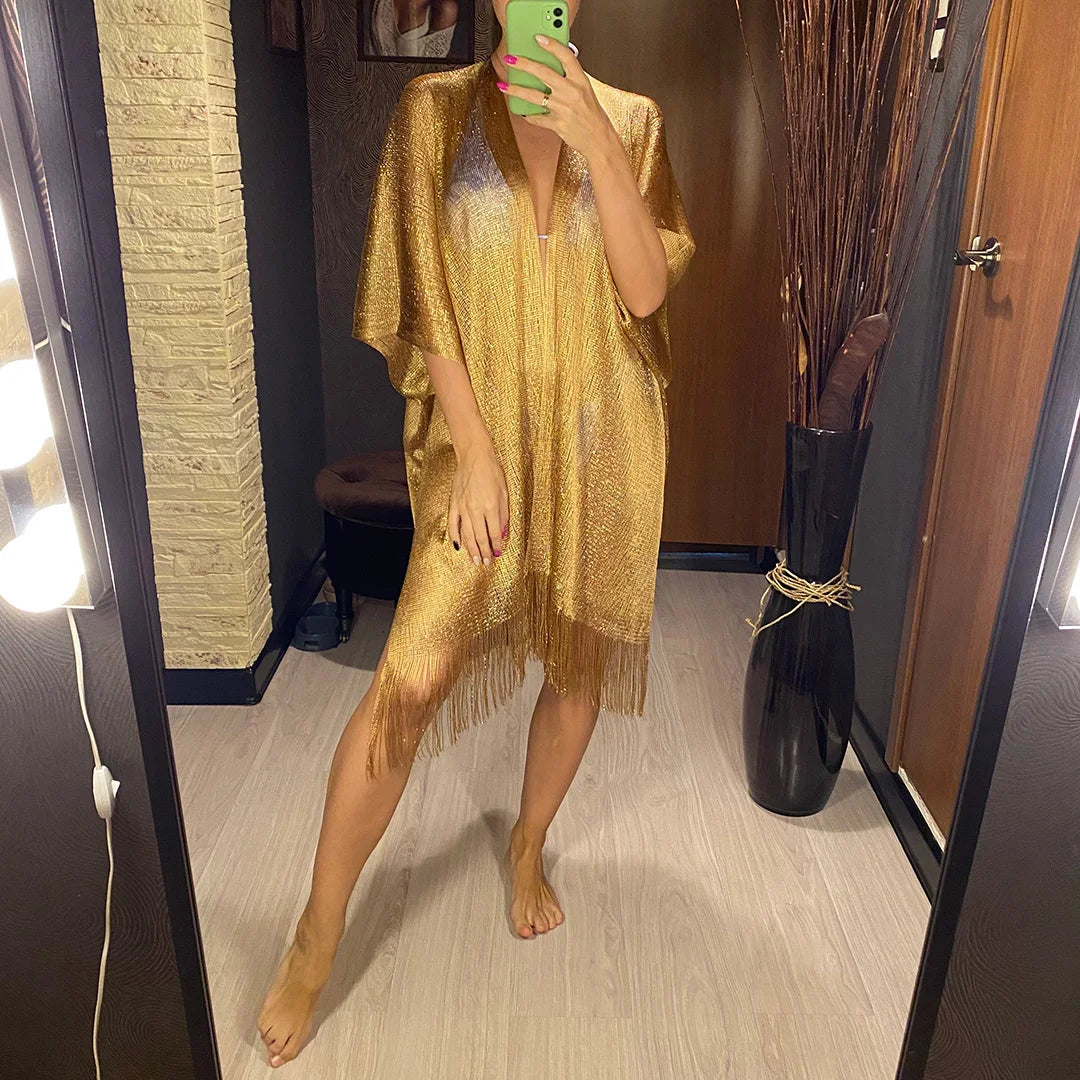 Tassel Gold Bikini Cover Up Sexy Beach Dress Tunics for Women Beachwear 2024 Summer cover-ups kaftan Evening Dress Shawls