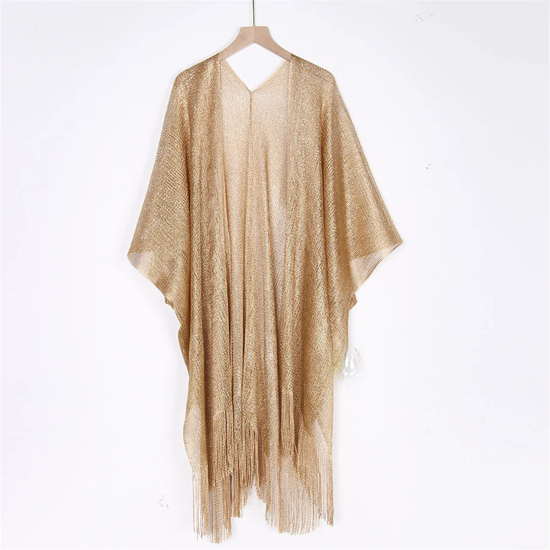 Tassel Gold Bikini Cover Up Sexy Beach Dress Tunics for Women Beachwear 2024 Summer cover-ups kaftan Evening Dress Shawls